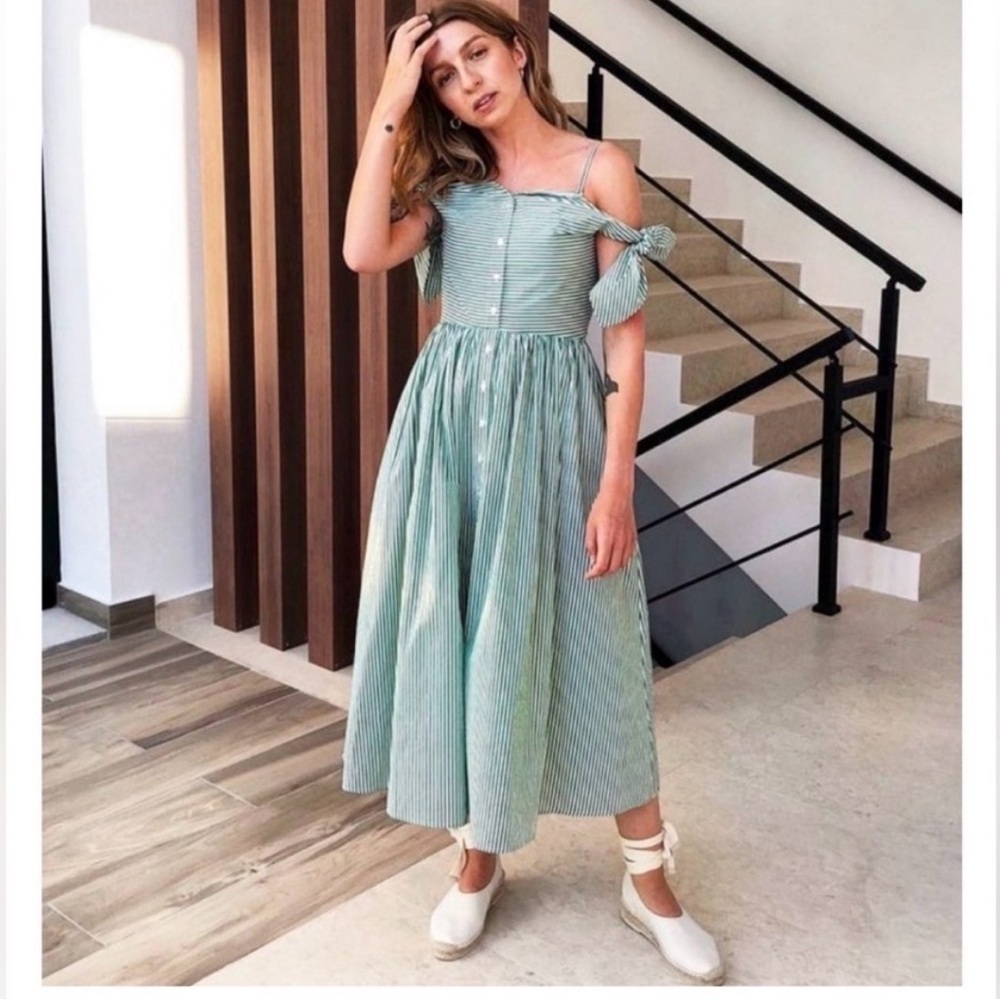 English factory unique vintage green stripe dress with off shoulder details